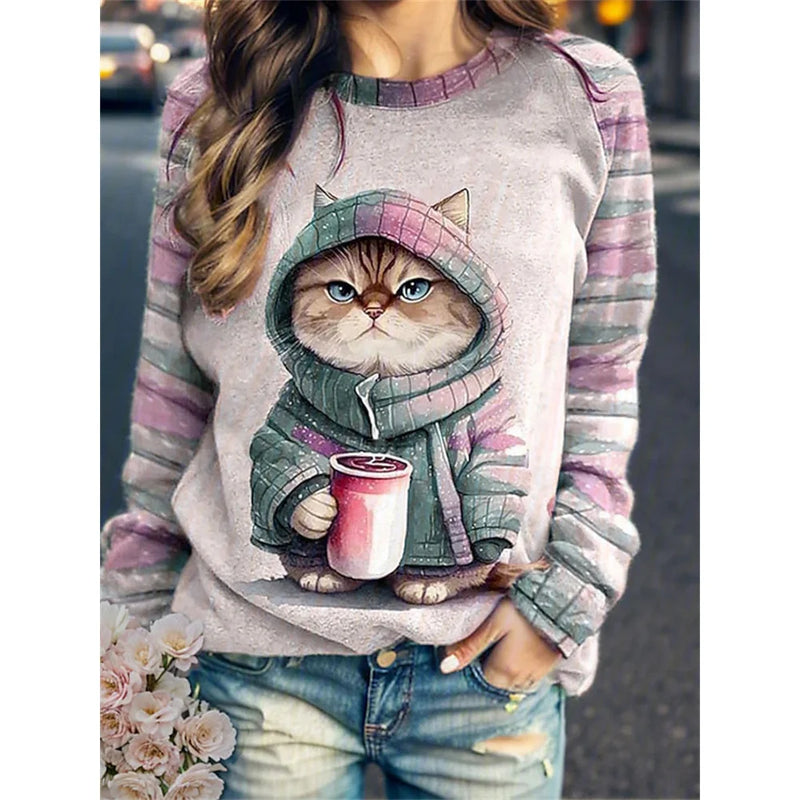 Women's Round Neck Hoodie Animal Cat 3d Printed Shoulder Style Autumn and Winter European and American T-Shirt Women's Clothing