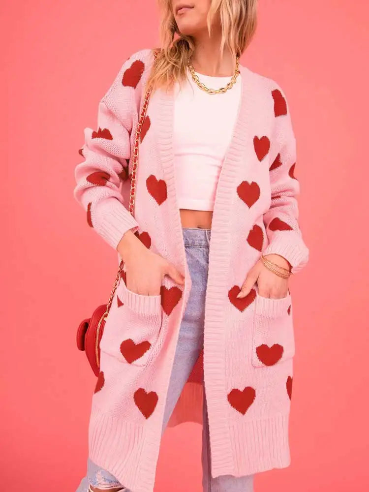 Boho Inspired jacquared hearts long cardigan women long sleeve knitted sweater new autumn winter pink cardigan coat