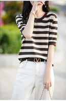 the CASHMERE - Sweater Short Sleeved Striped Sweater Pullover Knitted Cashmere Sweater for Women