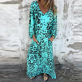 Vintage Leopard Print Loose Long Dresses Women 2025 Spring Elegant V Neck Pocket Maxi Dress Autumn 3/4 Sleeve Boho Holiday Dress