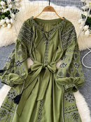 the INDIE BOHO - Bohemian Retro Ethnic Style Spring Autumn Embroidered Lace Up Lantern Sleeves Waist Cinching Long Dress