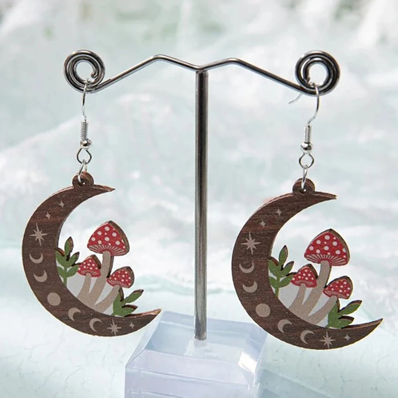 the MUSHROOM MOON - Fashion Cute Wooden Earrings for Women, Simple Personality Double-Sided Printed Mushroom Moon Earrings Jewelry