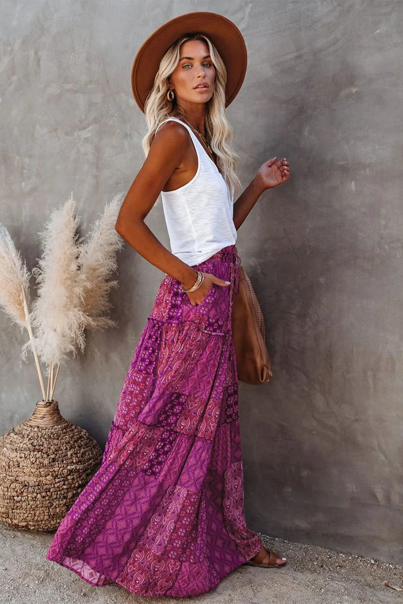 New Long Skirt Retro Skirt Loose Casual High Waist Skirt Bohemian Style Patchwork Pleated Pocket Skirt