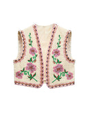 the EMBROIDERRY - Women's Vintage Boho Floral Embroidered Sleeveless Crop Cardigan Open Front Vest Outwear Jackets