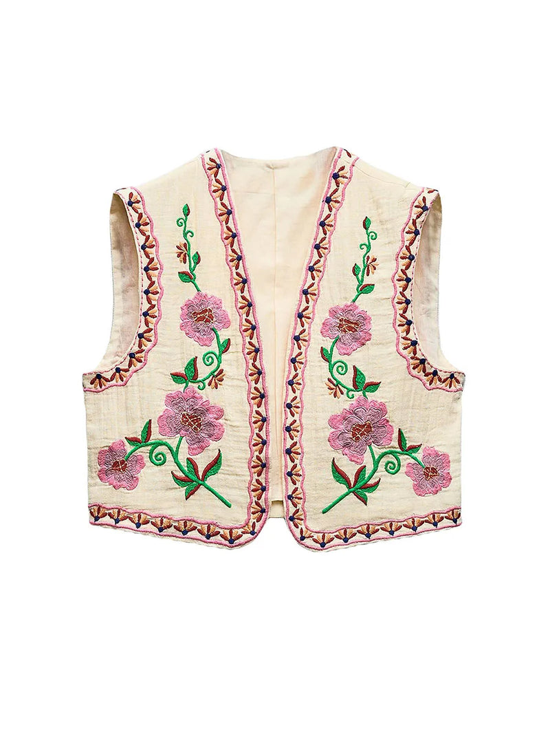 the EMBROIDERRY - Women's Vintage Boho Floral Embroidered Sleeveless Crop Cardigan Open Front Vest Outwear Jackets