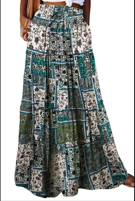 New Long Skirt Retro Skirt Loose Casual High Waist Skirt Bohemian Style Patchwork Pleated Pocket Skirt