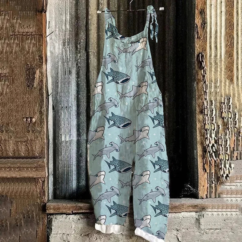 2024 New Women's Summer Bohemian Casual Jumpsuit Fashion Lace-up Wide-leg Set Skirt Women's Fun Turtle Printed Loose Jumpsuit