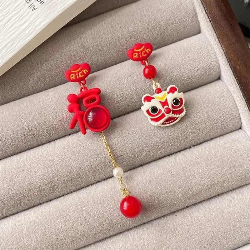 the GOOD FORTUNE - Chinese Style Red Little Lion Bell Pendant Earrings for Women, The Year of The Dragon Festive Jewelry Gifts