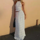 the BELLY DANCER - Sexy Boho Backless Matching Suit 2 Piece Beach Outfits Vintage Ruched Halter Cami Tops + Maxi Long Skirt
