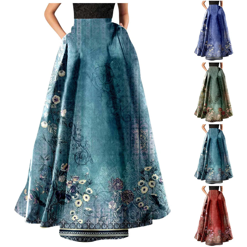 Strip Dress Women Women Bohemian Floral Print Maxi Skirt High Waist Pocket Party Beach Long Skirt Denim Tunic Dress for Women