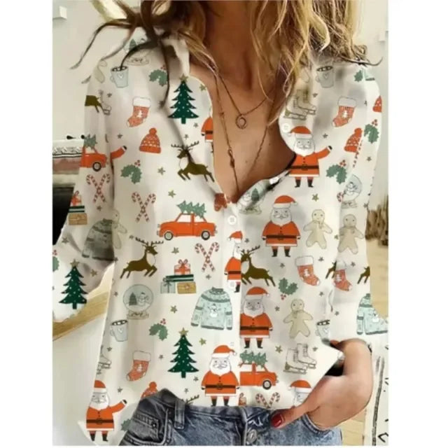 New Christmas Women Clothing Casual Long Sleeve Button Tops Shirts Cute Christmas tree Santa Claus Print Blouses Autumn Blouses