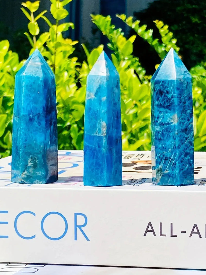 Blue Apatite Natural Crystal Tower, 6 Faceted Single Point Chakra Crystal Stone For Meditation Home Decor Collection Gift