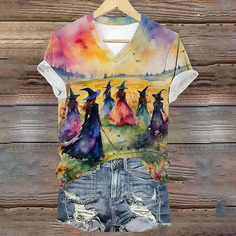 2024 New Witch Print Short Sleeves T shirt Summer Casual Loose V-neck Women's T-shirts Designer Fashion Trend Women Clothing Top