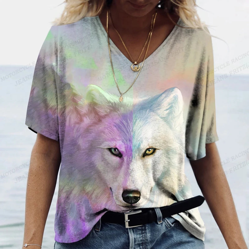 Women's T-shirts Animal Wolf 3d Print Tshirt Women Fashion T-shirt V-Neck Graphic T Shirts Women's Clothing Female Tops Summer