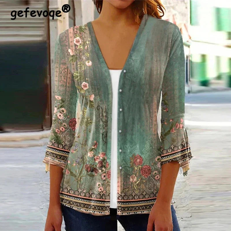 the VINTAGE BOHO - Women's Spring/Autumn Vintage Floral Print Knitted Cardigan Fashion Elegant V-Neck 3/4 Sleeve Tunic Sweater Coats