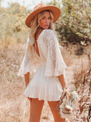 the MINI BOHO - Lace Tunic Sexy Deep V-Neck Button Bikini Cover-Ups Summer Sexy Ruffles Long Sleeves Mini Dresses