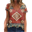 the TURQUOISE - Summer Western Aztec Graphic 3D Print V-Neck Casual Oversized T-Shirts for Women
