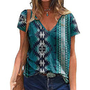 the TURQUOISE - Summer Western Aztec Graphic 3D Print V-Neck Casual Oversized T-Shirts for Women