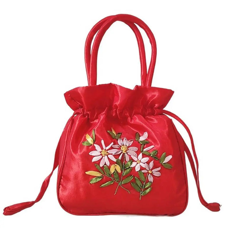 the SATCHEL - Retro Elegant Satin Silk Embroidery Totes for Women, Floral Drawstring Handbag, Woman Purse/Wallet Small Tote Bags