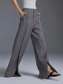 the SLACKS - Urban Female Fashion Loose Straight High-Waisted Pleated Split-Front Trousers
