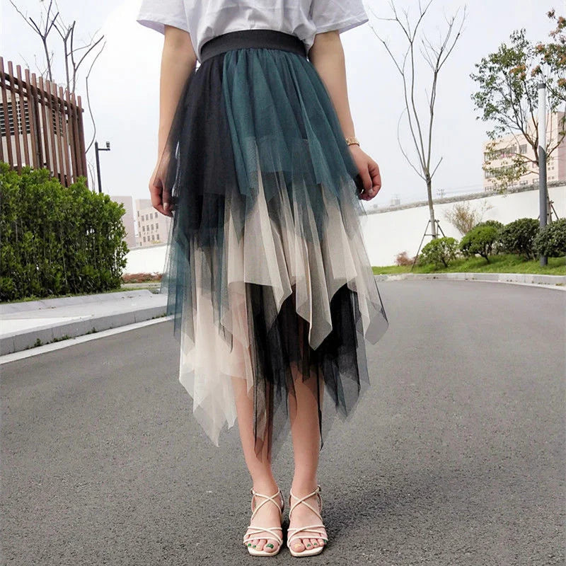 Fashion Summer Tutu Women Skirt Harajuku Tulle Bottom Faldas Casual High Waist Midi Mesh Skirts Woman Clothes Saia Jupe Femme