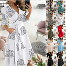 the BOHO WRAP - Spring/Summer V-Neck Fashion Three Quarter Sleeve Printed Polo Long Dress with Waist Tie Up