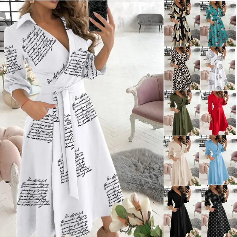 Women V-Neck Dress Spring And Summer New Fashion Three Quarter Sleeve Printed Women's Dress With Waist Tie Up Polo Long Dress