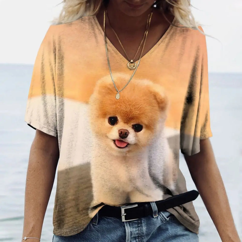 Summer New Women's V-neck Top Short Sleeve T-shirts 3D Cute Dog Print Casual Lovely Harajuku Versatile Y2K Clothes European Size