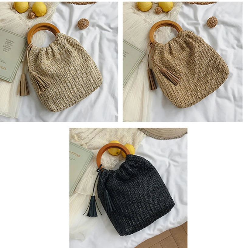 the WOVEN BAG - Straw Bag Rattan Woven Round Tassel Handbag for Women, Large Capacity Shoulder Tote Purse, Ladies Holiday Wood Handle Shopping Bag