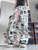 the GRAFFITI - Graffiti Print Pants Chic Fashion Harajuku Drawstring Wide Leg Trousers Loose Sweatpants Streetwear