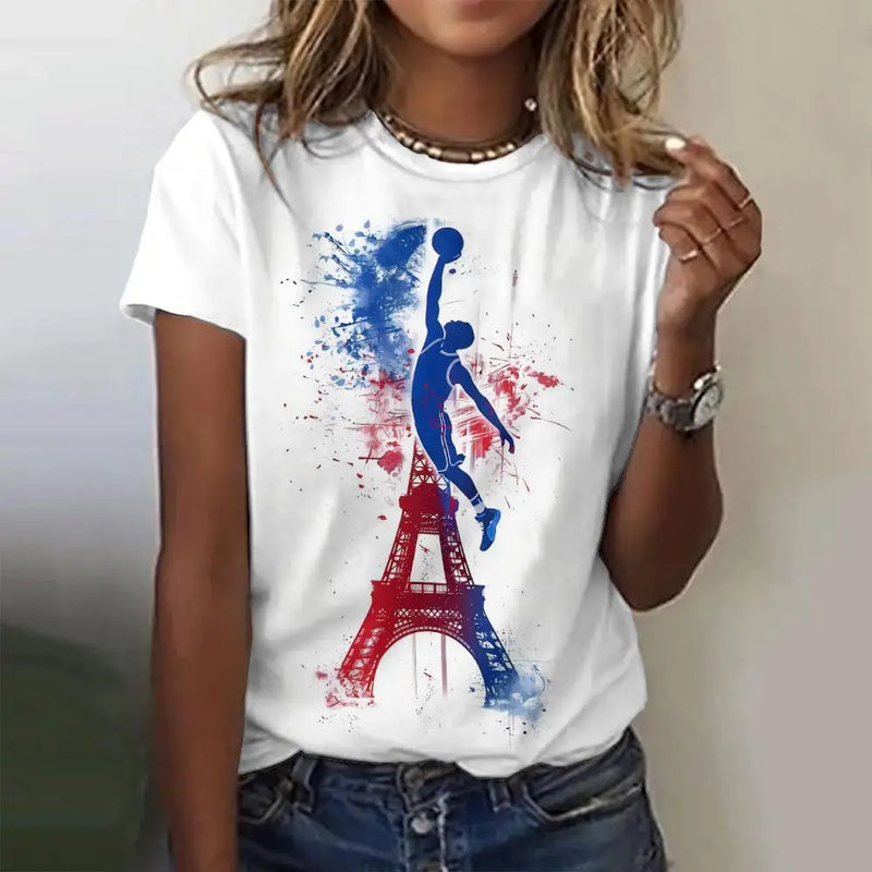 Summer Paris Eiffel Tower 3D Print T-shirts Women Streetwear Casual Fashion Y2k Short Sleeve T Shirt O-neck Tees Tops Clothing