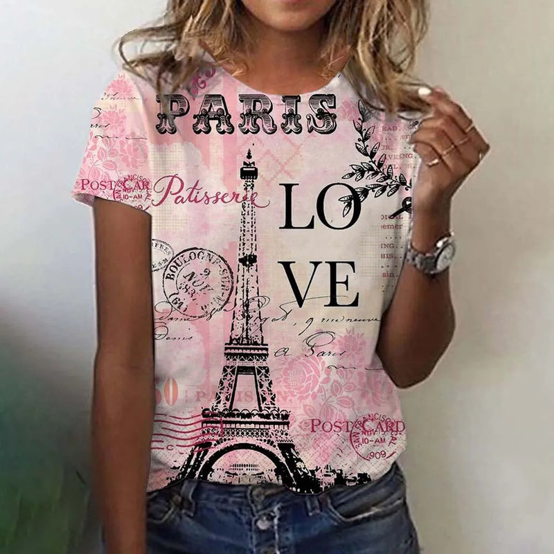 Summer Paris Eiffel Tower 3D Print T-shirts Women Streetwear Casual Fashion Y2k Short Sleeve T Shirt O-neck Tees Tops Clothing