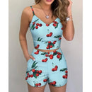the SHORTY - Summer Women 2-Piece High Waist Hot Shorts Flower Printed Sleeveless V-Neck Sling Blouse Shorts Set
