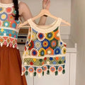 Summer Bohemian Hollow Knitted Vest Crop Top Floral Sleeveless Cami Women O-neck Beach Top Women Short Crocheted Tassels Out Top