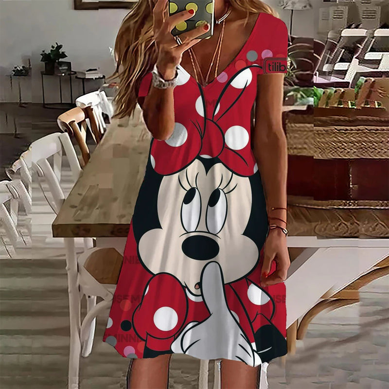 New 2024 Summer Dresses Women Disney Mickey Mouse print Dress Female Clothing Casual Retro Short Sleeve Loose Plus Size Dress