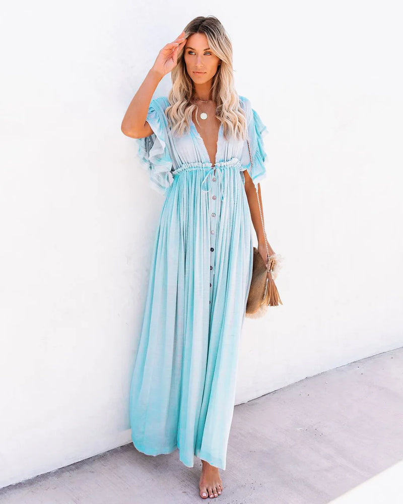 2024 Summer Long Bikini Cover Ups for Women Solid V-Neck Kimono Beach Dresses Lace Up Anti-Sun Swim Dress Bohemian Sarong Skirt