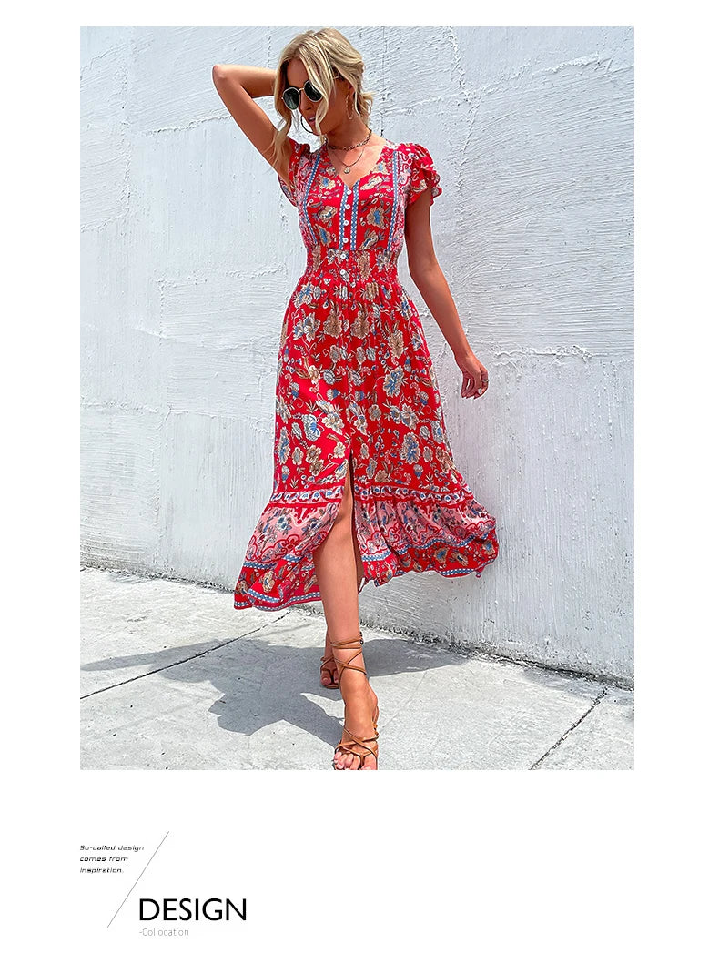 the BANDANA BOHO - Vintage Floral Boho Printed Short Sleeves V-Neck Slit A-Line Bohemian Summer Beach Midi Dresses