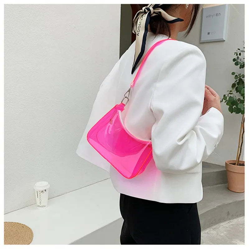 the NEON BAG - Clear Jelly Shoulder Bag for Women, Small Zipper Underarm Purses & Fashion Handbag