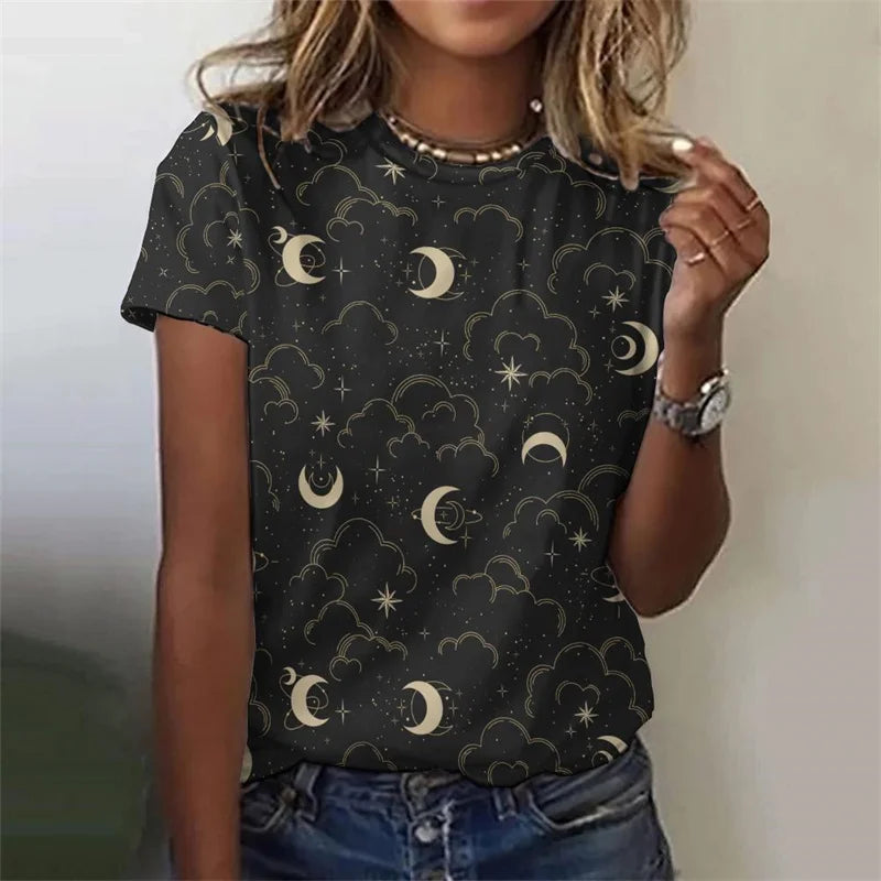 3D Printed Sun Stars Moon T Shirt For Women Starlit Sky Graphic Tees Summer Casual Loose T-Shirts Round Neck Tops Short Sleeves