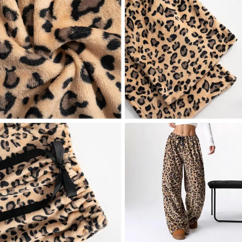 Women's Leopard Pant Casual High Waist Lace-up Elastic Wide Leg Pants Fall Winter New Women's Fashion Animal Print Trousers