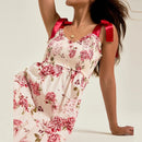 the FRENCH LAUNDRY - French Casual Bow Strap Suspender Beach Floral Print V-Neck Loose Long Dress