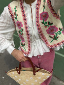 the EMBROIDERRY - Women's Vintage Boho Floral Embroidered Sleeveless Crop Cardigan Open Front Vest Outwear Jackets