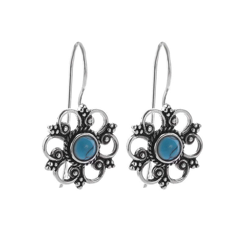 the ANTIQUE FLOWER - Beautifully Inlaid Blue Turquoise Flower Hypoallergenic Earrings for Women, Stylish Elegant Banquet Jewelry