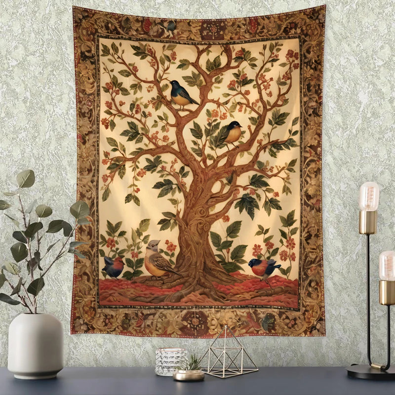 the BIRD TREE - Retro Flower and Bird Tree Tapestry Wall Hanging, Abstract Art Home Decor