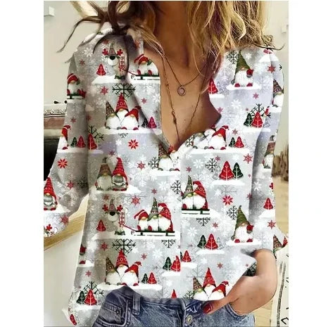 New Christmas Women Clothing Casual Long Sleeve Button Tops Shirts Cute Christmas tree Santa Claus Print Blouses Autumn Blouses