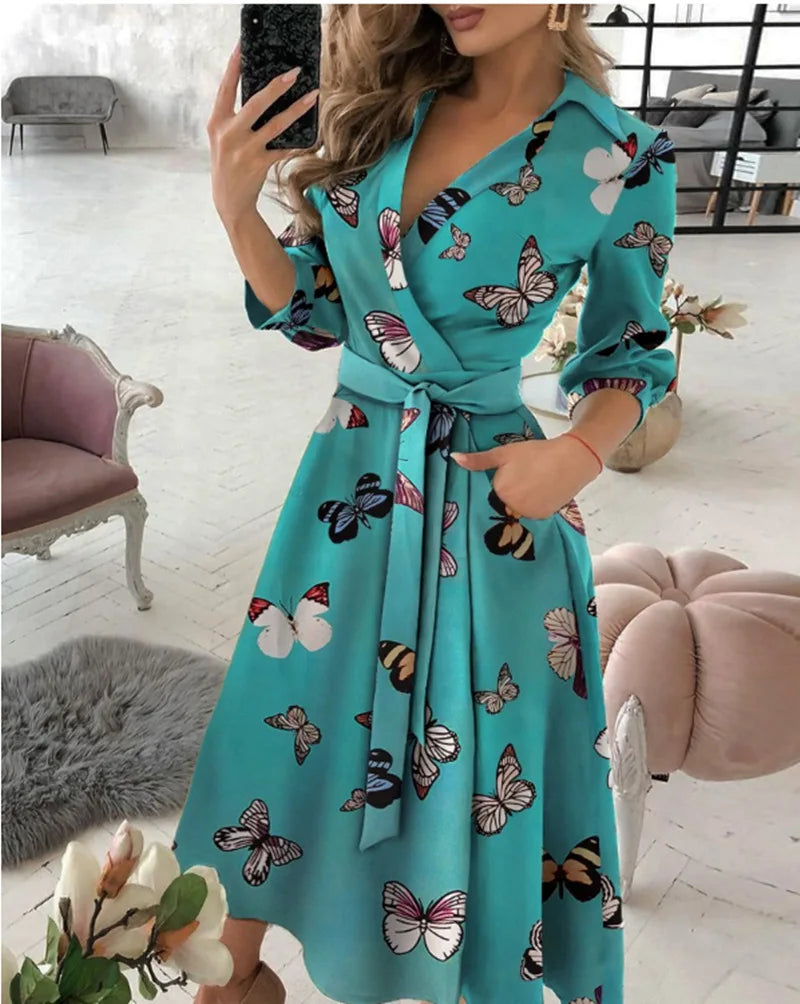 Women V-Neck Dress Spring And Summer New Fashion Three Quarter Sleeve Printed Women's Dress With Waist Tie Up Polo Long Dress