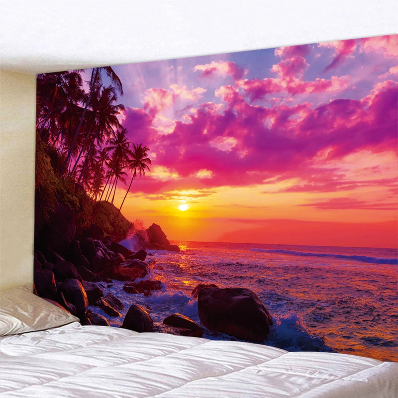 the COASTAL - Seaside Beach Sunset Scene Home Decor Art Tapestry Wall Hanging