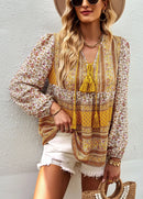 the BAGGY BOHO - Boho Floral Blouse V-Neck Tassel Long Sleeve Bohemian Summer Fashion Shirt for Women