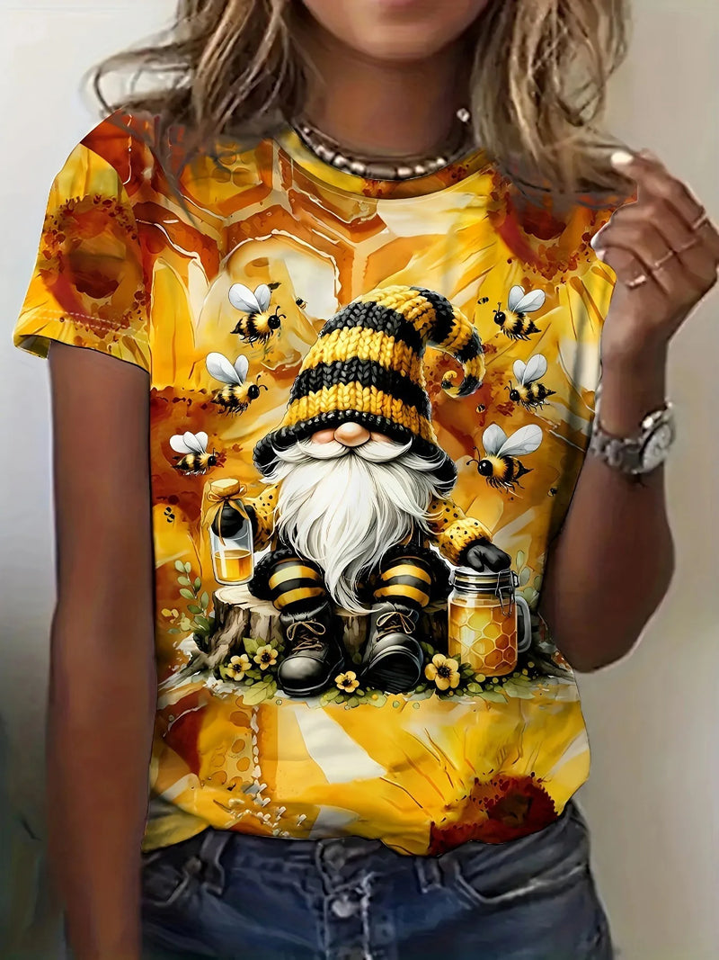 Bee Genie Gnomes Printed Womens T-shirt Comfortable Crew Neck Short Sleeves Summer Style Casual Woman Clothing