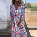 the LOUNGER BOHO - Vintage Leopard Print Bohemian Casual V-Neck Loose Long Sleeve Maxi Dress for Women